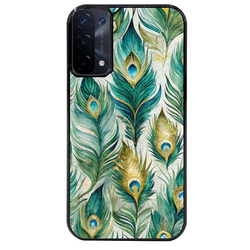 Coque noire taperso pour OPPO A54 et A74 5G avec motif paon plumes protection antichoc personnalisée