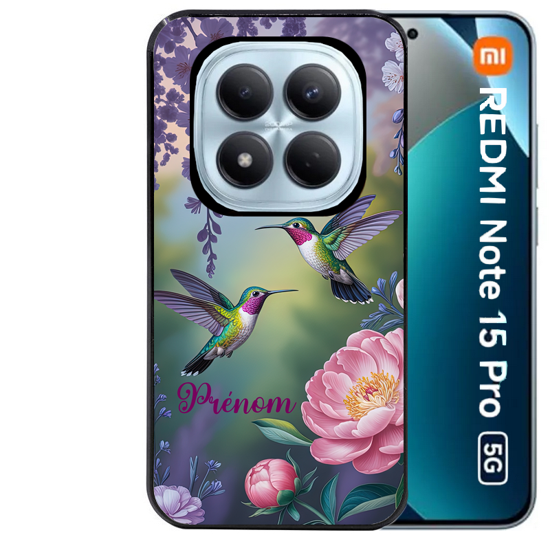 Coque noire taperso pour Redmi Note 15 et PRO PLUS 4G 5G avec motif colibri couple personnalise protection antichoc personnalisée