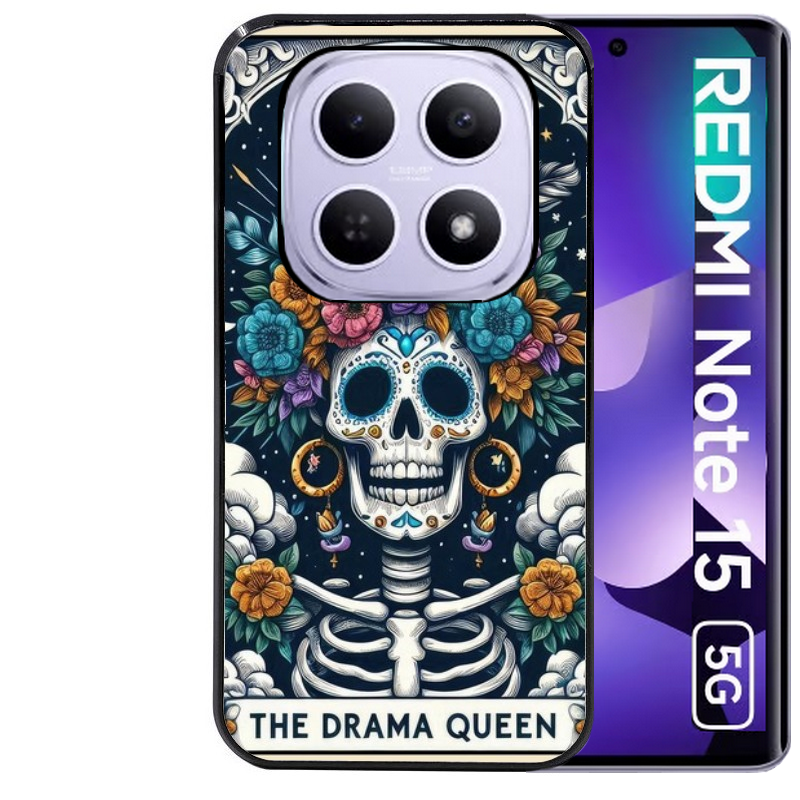 Coque noire taperso pour Redmi Note 15 et PRO PLUS 4G 5G avec motif tete de mort drama queen protection antichoc personnalisée