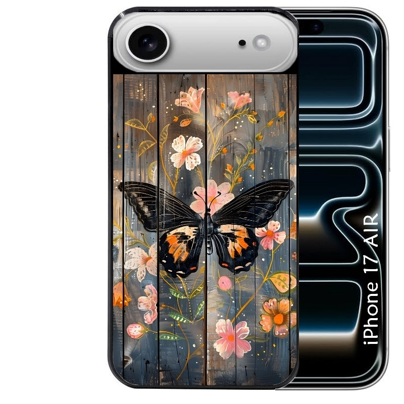 Coque noire taperso pour Iphone 17 17E AIR MAX PRO avec motif bois et papillon 2 protection antichoc personnalisée
