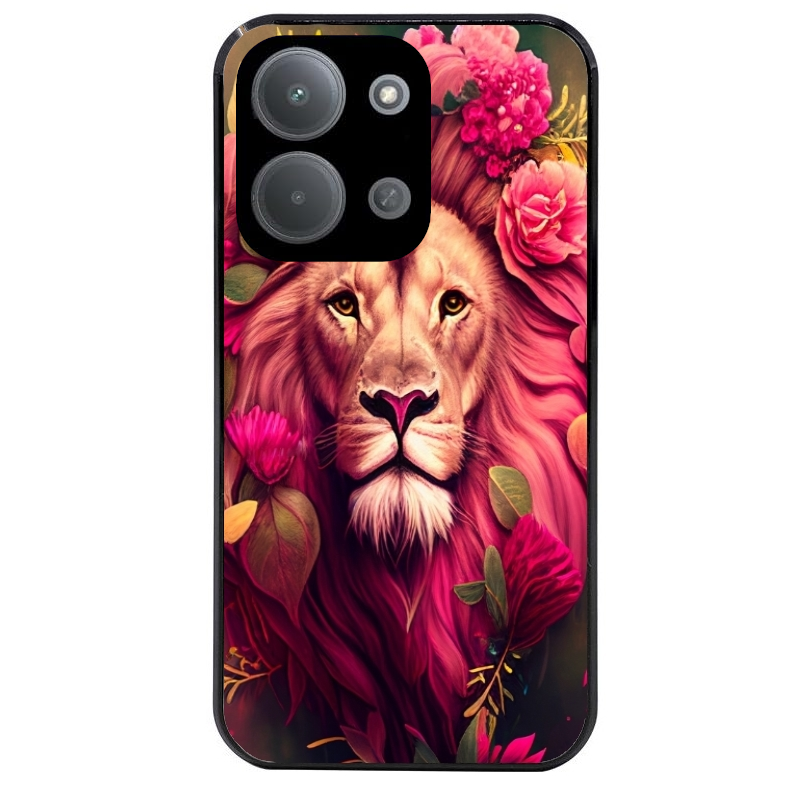 Coque noire taperso pour POCO C85 avec motif lion et fleurs rose protection antichoc personnalisée
