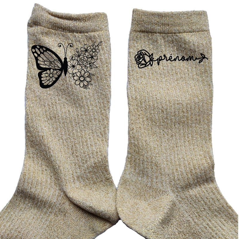 Chaussettes personnalisée paillettes doré motif papillon et fleur
