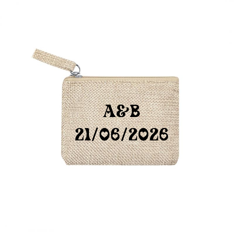 Pochette personnalisée initiales et date anniversaire et mariage  en jute et doré en jute et doré