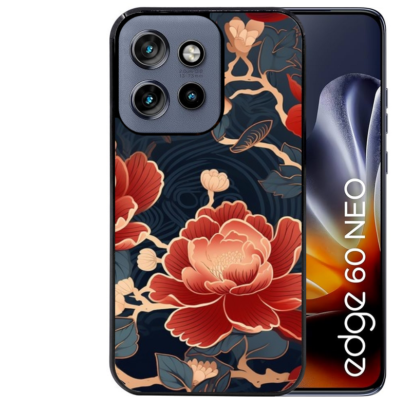 Coque noire taperso pour Moto Edge 60 et Neo Fusion Pro avec motif fleur japan protection antichoc personnalisée