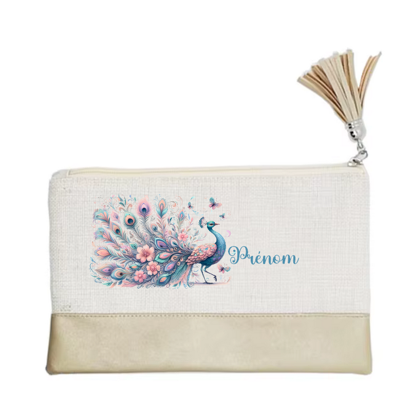 Pochette personnalisée motif paon plume en toile et simili cuir personnalisée