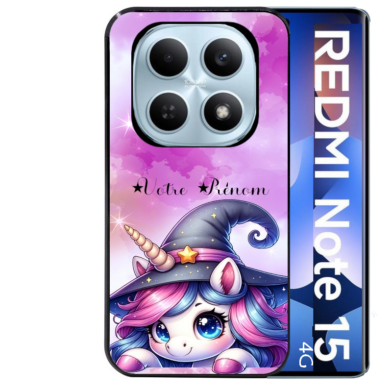 Coque noire taperso pour Redmi Note 15 et PRO PLUS 4G 5G avec motif licorne magic avec prenom protection antichoc personnalisée