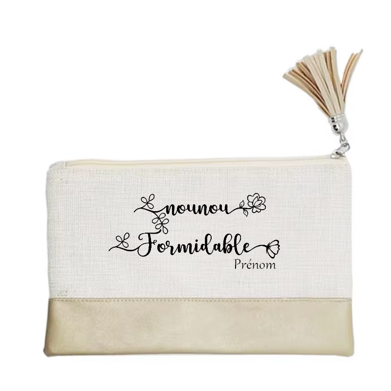 Pochette personnalisée motif nounou formidable en toile et simili cuir personnalisée