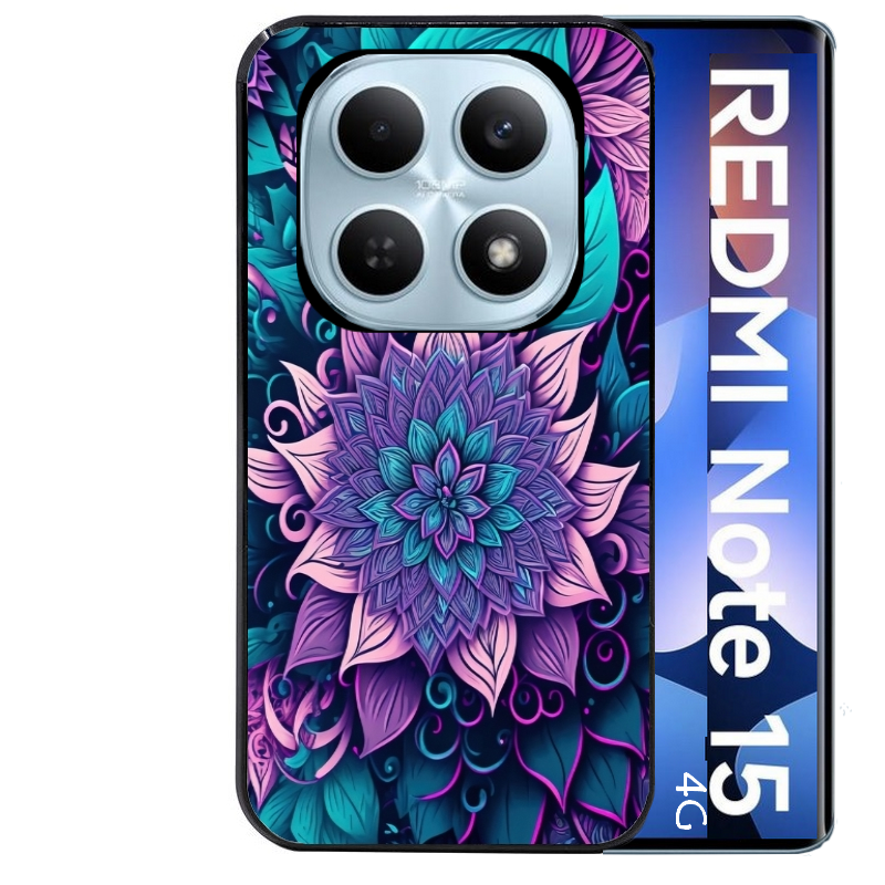 Coque noire taperso pour Redmi Note 15 et PRO PLUS 4G 5G avec motif tropical mandala et fleur violet protection antichoc personnalisée