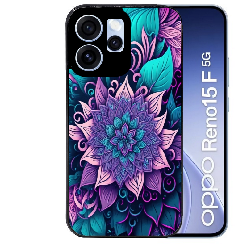 Coque noire taperso pour OPPO Reno 15 et F FS 5G avec motif tropical mandala et fleur violet protection antichoc personnalisée