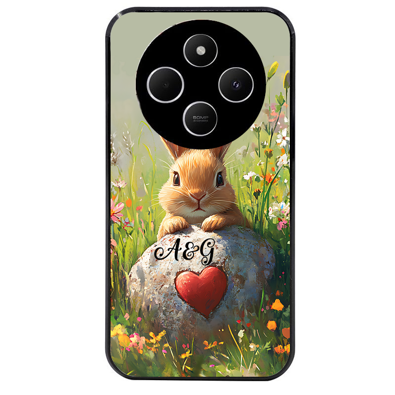Coque noire taperso pour POCO C75 avec motif lapin et fleurs personnalisee protection antichoc personnalisée