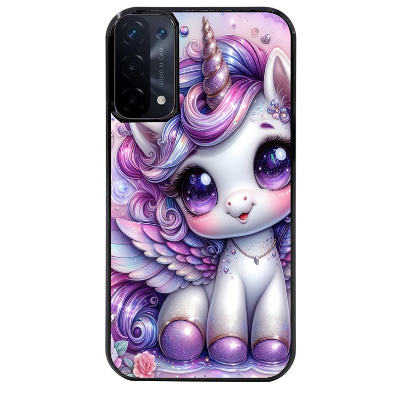 Coque noire taperso pour OPPO A54 et A74 5G avec motif licorne violette protection antichoc personnalisée