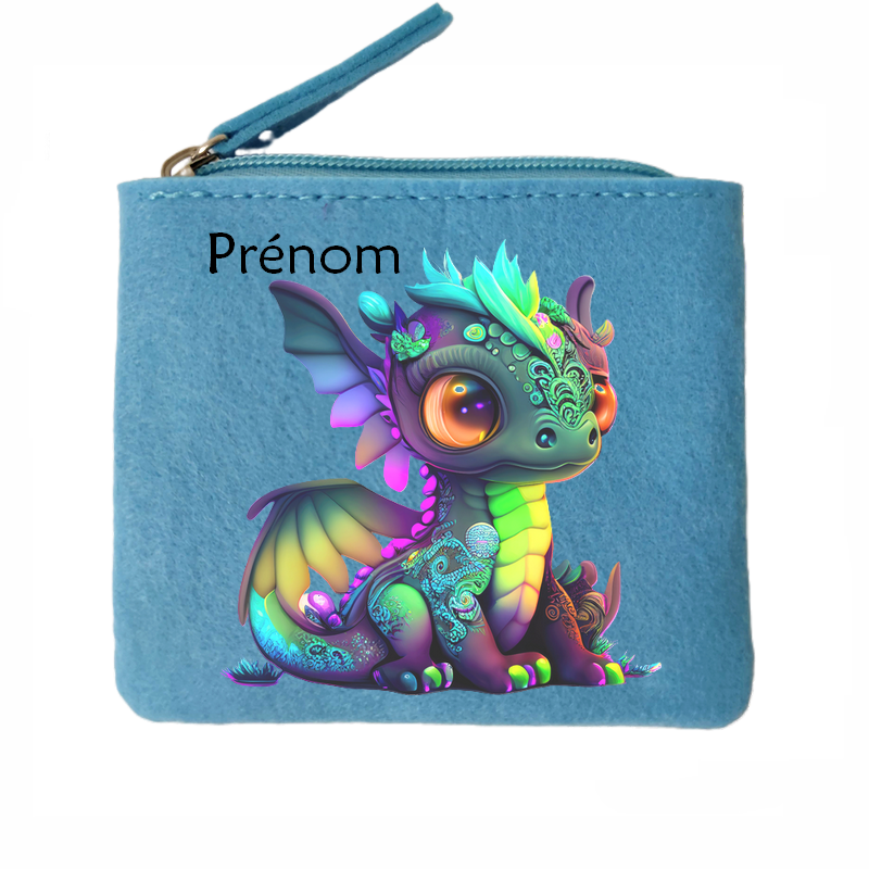Porte monnaie personnalisé dino fluo en feutrine en feutrine