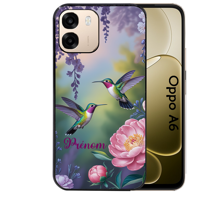 Coque noire taperso pour OPPO A6 A6X 4G et 5G avec motif colibri couple personnalise protection antichoc personnalisée