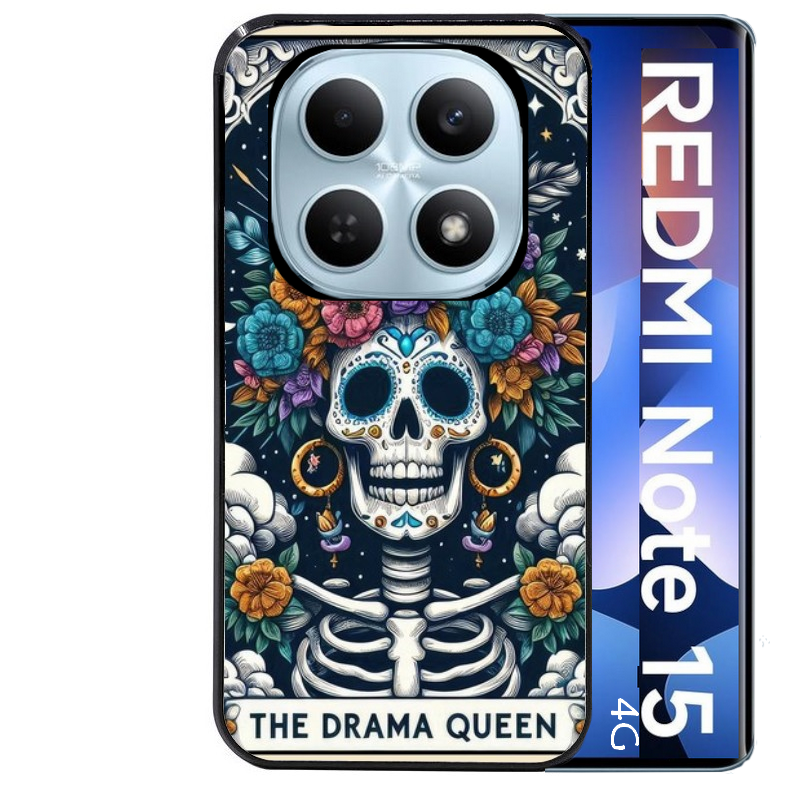 Coque noire taperso pour Redmi Note 15 et PRO PLUS 4G 5G avec motif tete de mort drama queen protection antichoc personnalisée