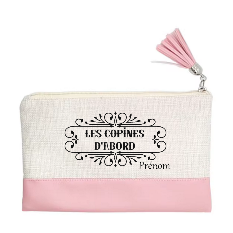 Pochette personnalisée motif copine d'abord en toile et simili cuir personnalisée