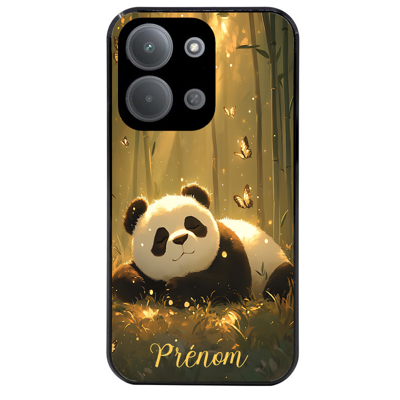 Coque noire taperso pour POCO C85 avec motif panda et papillon personnalisee protection antichoc personnalisée