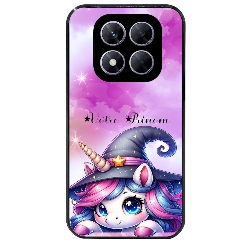 Coque noire taperso pour Redmi Note 14 et PRO PLUS 4G 5G avec motif licorne magic avec prenom protection antichoc personnalisée