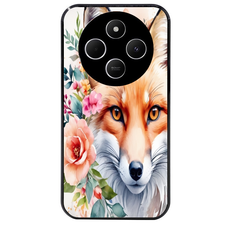 Coque noire taperso pour POCO C75 avec motif renard fox et fleurs protection antichoc personnalisée