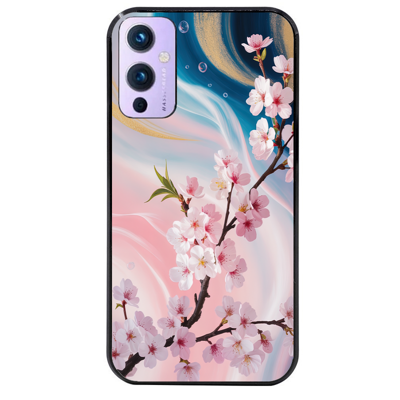 Coque noire taperso pour OnePlus 9 et 9 PRO avec motif marbre fleur cerisier protection antichoc personnalisée