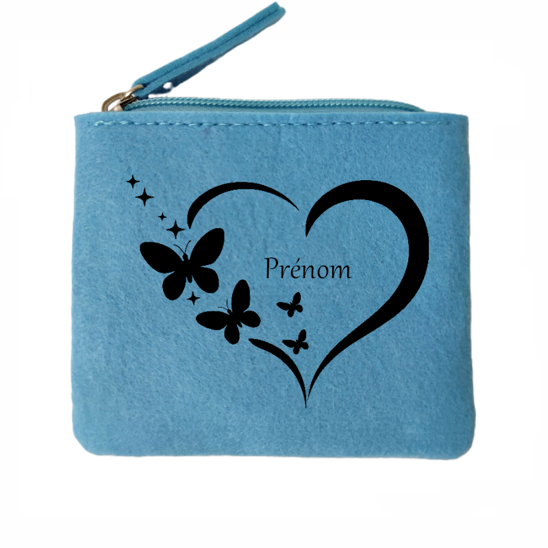 Porte monnaie personnalisé coeur papillon en feutrine en feutrine