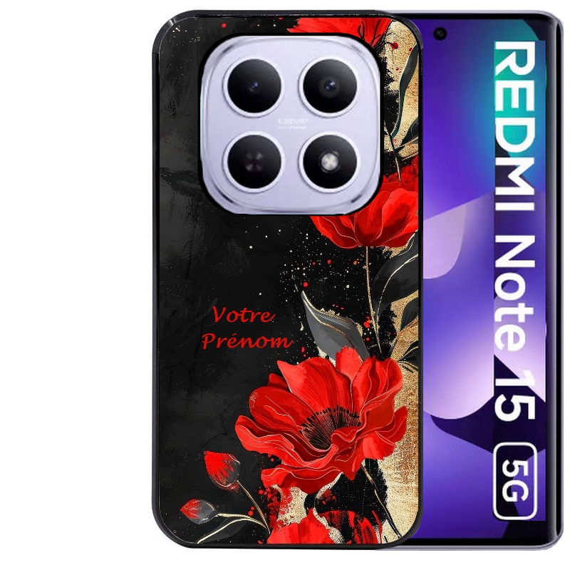 Coque noire taperso pour Redmi Note 15 et PRO PLUS 4G 5G avec motif fleur rouge avec prenom protection antichoc personnalisée