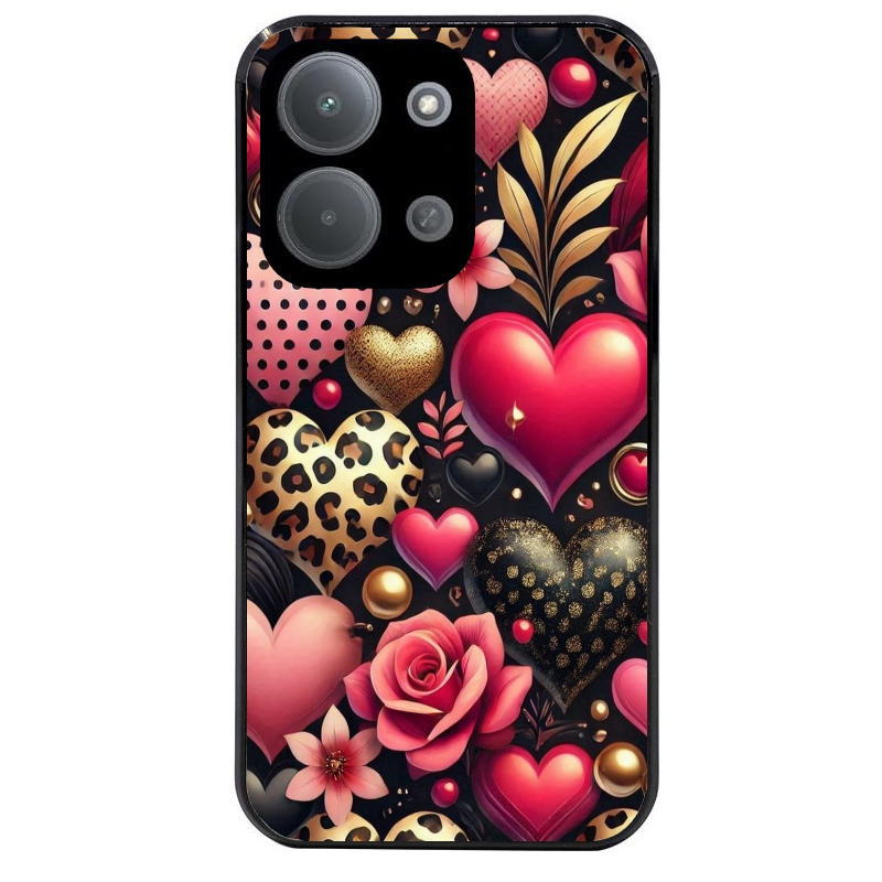 Coque noire taperso pour POCO C85 avec motif coeur et leopard protection antichoc personnalisée