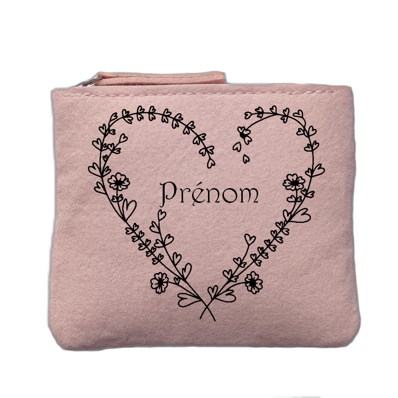 Porte monnaie personnalisé motif coeur line art rose clair en feutrine en feutrine