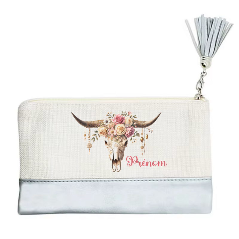 Pochette personnalisée motif skull bull fleur en toile et simili cuir personnalisée