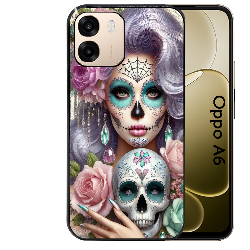 Coque noire taperso pour OPPO A6 A6X 4G et 5G avec motif tete de mort calavera bijoux protection antichoc personnalisée
