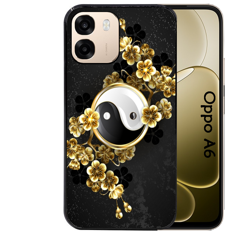 Coque noire taperso pour OPPO A6 A6X 4G et 5G avec motif yin yang et fleur protection antichoc personnalisée
