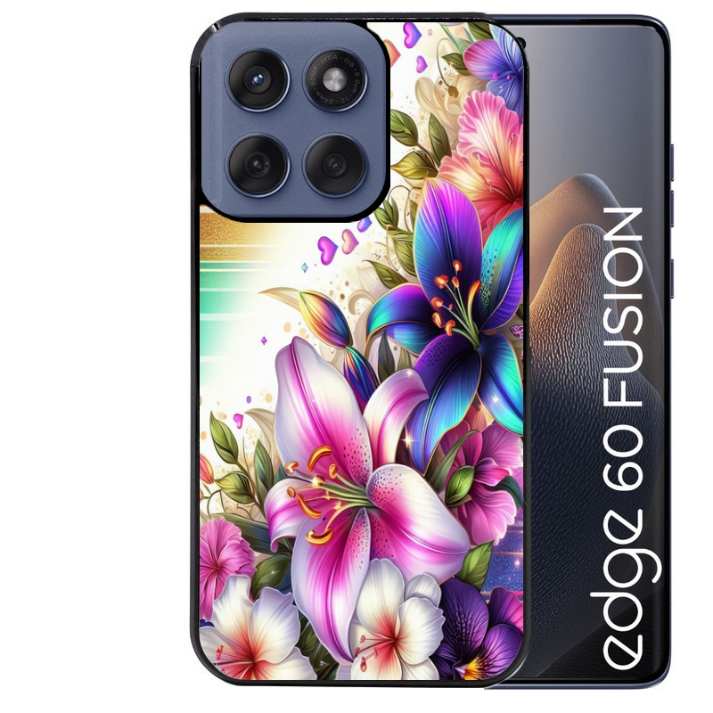 Coque noire taperso pour Moto Edge 60 et Neo Fusion Pro avec motif fleur fluo protection antichoc personnalisée