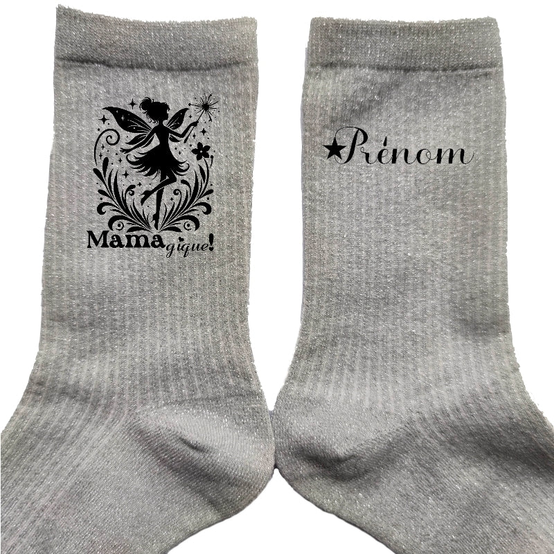 Chaussettes personnalisée paillettes argent motif maman magique
