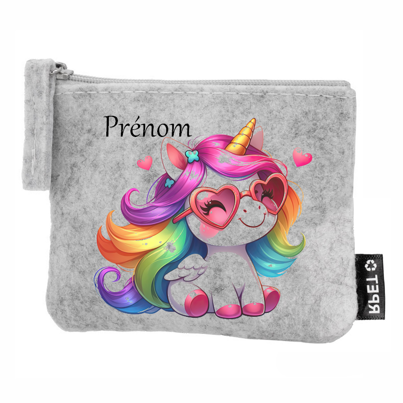 Porte monnaie personnalisé licorne lunette en feutrine en feutrine