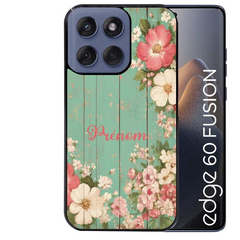Coque noire taperso pour Moto Edge 60 et Neo Fusion Pro avec motif bois et fleur avec votre prenom protection antichoc personnalisée