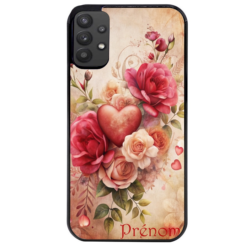 Coque noire taperso pour galaxy A22 A32 A52 A52S 4G 5G  avec motif coeur et fleur personnalisee protection antichoc personnalisée