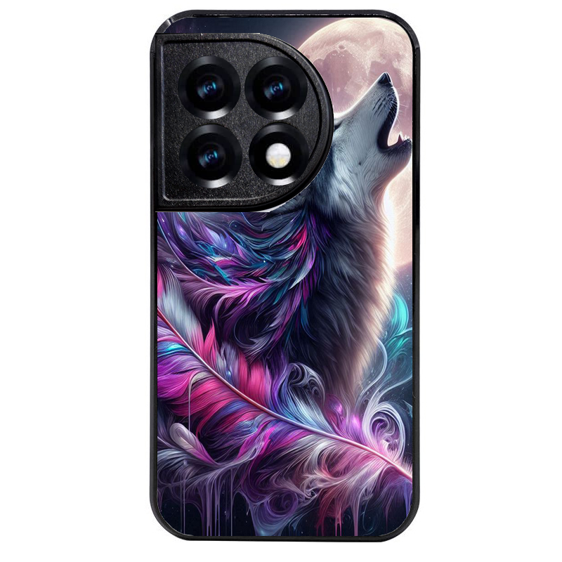Coque noire taperso pour OnePlus 11 et 12 avec motif loup et plume protection antichoc personnalisée
