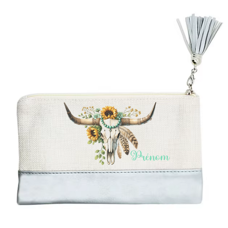 Pochette personnalisée motif skull bull plume en toile et simili cuir personnalisée