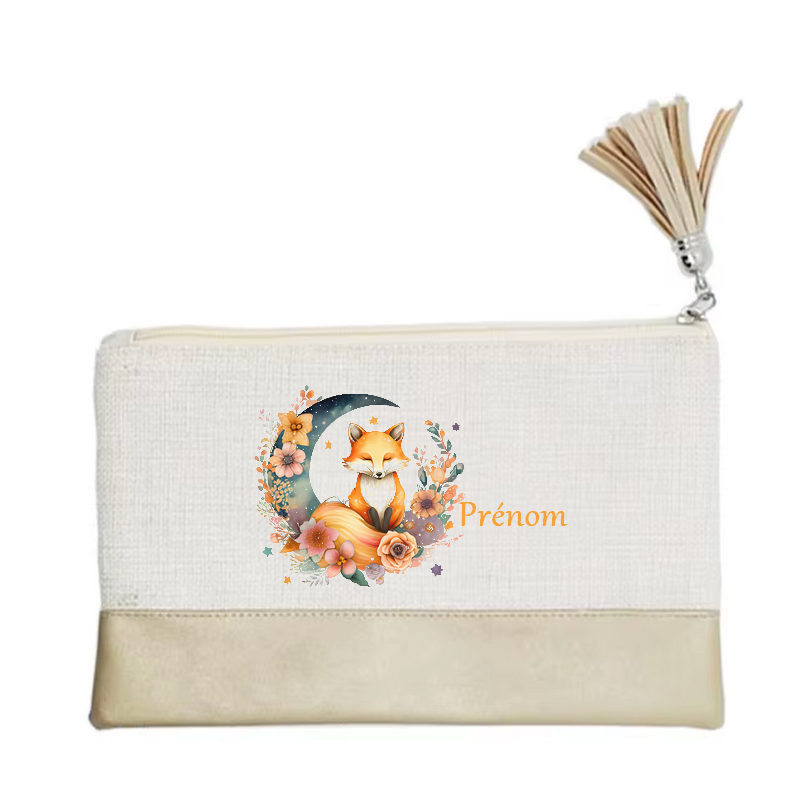 Pochette personnalisée motif fox renard lune en toile et simili cuir personnalisée