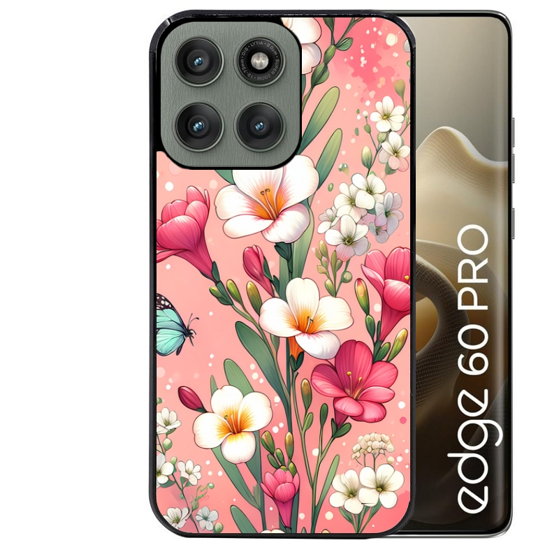 Coque noire taperso pour Moto Edge 60 et Neo Fusion Pro avec motif fleur rose protection antichoc personnalisée