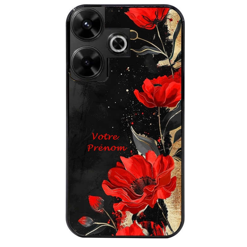 Coque noire taperso pour POCO M6 4G avec motif fleur rouge avec prenom protection antichoc personnalisée