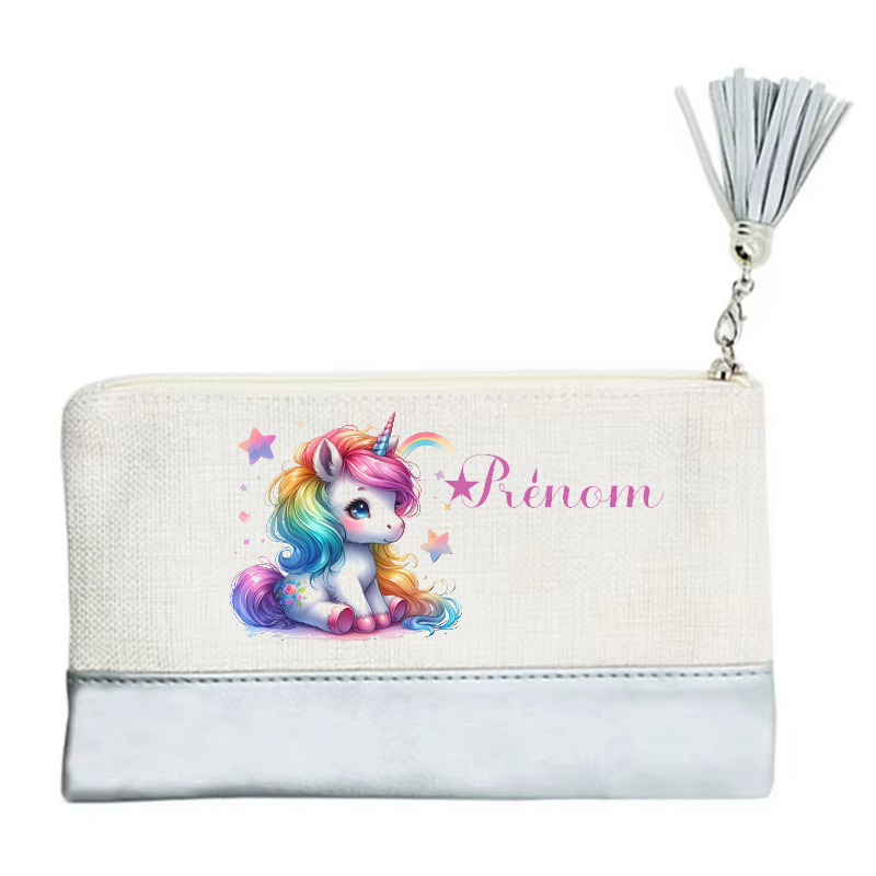 Pochette personnalisée motif licorne étoile en toile et simili cuir personnalisée