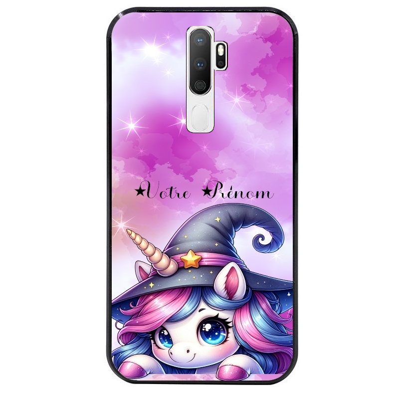 Coque noire taperso pour OPPO A5 A9 2020 avec motif licorne magic avec prenom protection antichoc personnalisée