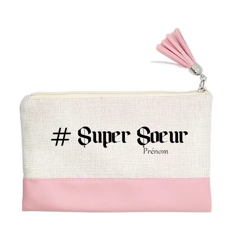 Pochette personnalisée motif soeur super en toile et simili cuir personnalisée