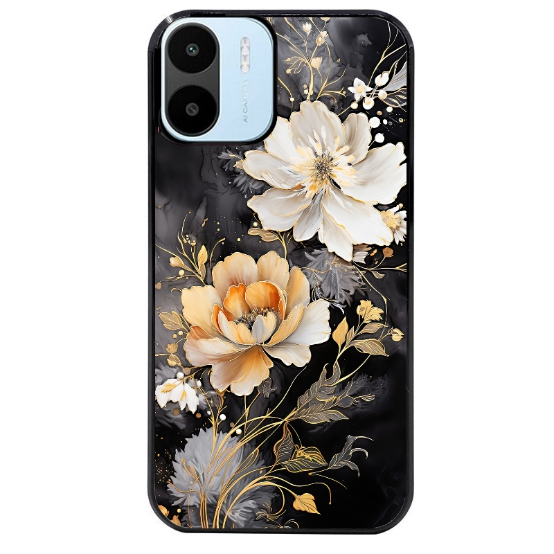 Coque noire taperso pour Redmi A1 et A2 avec motif fleur blanche protection antichoc personnalisée