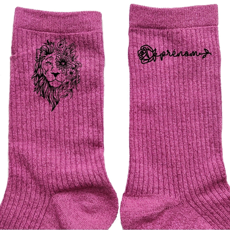 Chaussettes personnalisées paillettes rose motif lion fleur
