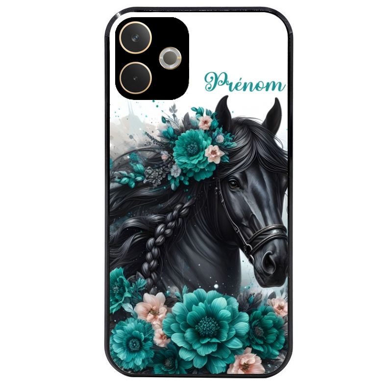 Coque noire taperso pour OPPO A5 PRO 4G et 5G avec motif cheval et fleurs personnalisee protection antichoc personnalisée