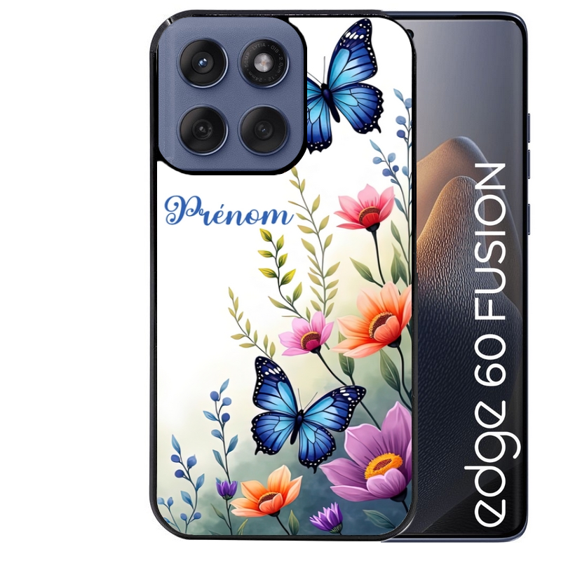 Coque noire taperso pour Moto Edge 60 et Neo Fusion Pro avec motif papillon prenom personnalisee protection antichoc personnalisée