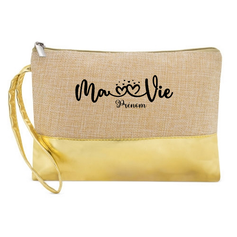 Pochette personnalisée ma vie et coeur en jute et doré en jute et doré
