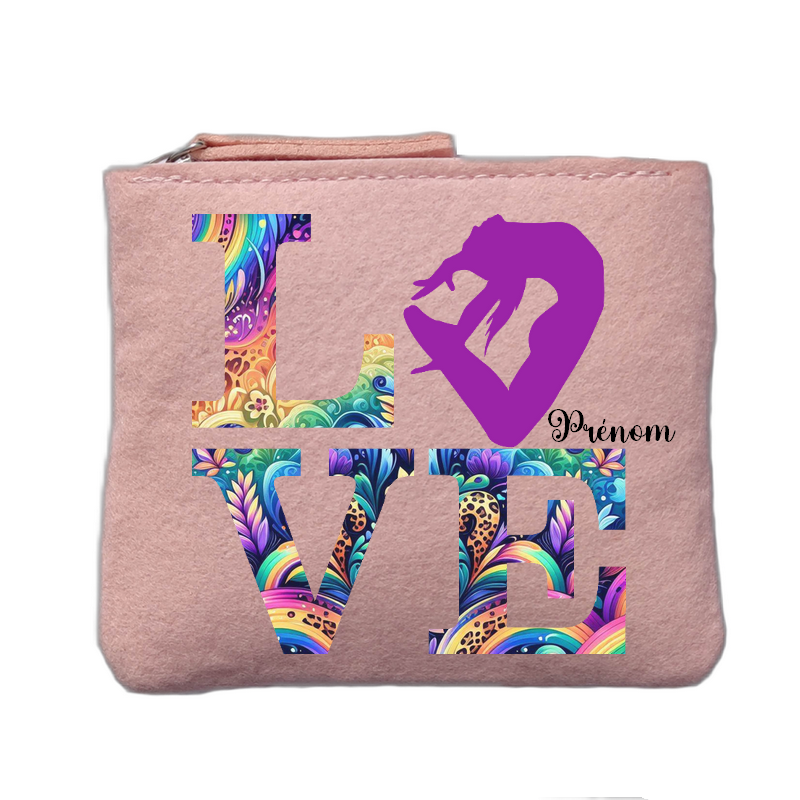 Porte monnaie personnalisé motif gym love rose clair en feutrine en feutrine