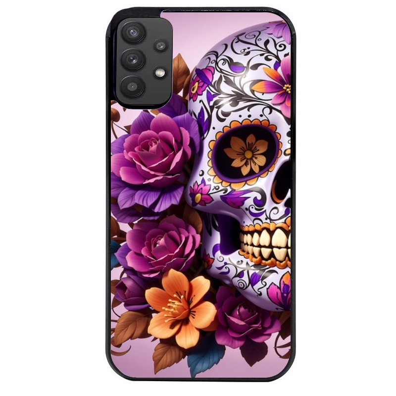 Coque noire taperso pour galaxy A22 A32 A52 A52S 4G 5G  avec motif tete de mort calavera violette protection antichoc personnalisée